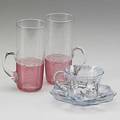 Nicholas lutz attr ten threaded glass lemonade glasses with handles together with three cups and six saucers signed e galle 20th c tallest 5 38