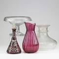 Glass grouping four pieces 20th c frosted cut to clear lampshade cranberry glass water pitcher with applied handle blown glass centerpiece bowl and cranberry cut to clear decanter tallest 12
