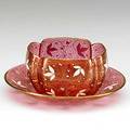 Joseph inenhutte moser style glass thirtytwo pieces 20th c sixteen finger bowls in enameled cranberry glass with underplates stamped inenhutte made in germany set 2 12 x 6 dia