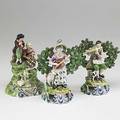 English staffordshire three figures early 19th c pair with lute and flute and a double figure titled songstress songstress stamped walton taller 7