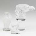 Lalique three pieces 20th c bacchantes bud vase aigle paperweight and tang horse in frosted glass all marked tallest 5