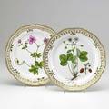 Royal copenhagen flora danica two reticulated service plates one with geraniums the other with fragaria 20th c no 3526 10 34 dia