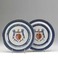 Chinese export pair of armorial plates with center crest of firebreathing dragons and the motto deo duce ferro comitante ca 1780 9 dia provenance collection of elinor mcintyre gordon