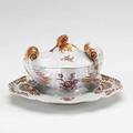 Chinese export covered tureen and stand in orange and red meissen form with floral decoration and berry finial ca 1760 repair to tureen body 9 x 7 x 5 12