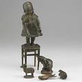 Five bronze figures cat girl standing on ottoman mountain goat and two birds 19th20th c cat marked barye tallest 13