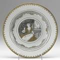 Chinese export the seamstress plate with halfdraped female figure holding needle and thread ca 1750 9 dia