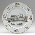 Chinese export plate depicting a harbor scene with east india hongs ca 1770 9 dia