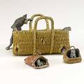 Vienna bronze cat grouping three pieces includes cat peering into a handbag with escaping mice early 20th c largest 4 34 x 3