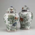 Pair of chinese baluster jars with famille verte decoration 20th c 16 x 9 dia