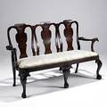 George iii settee triple back carved mahogany frame with birds head armrests shell decoration ball and claw feet and slip seat cushion 19th c 40 34 x 61 12 x 21 12