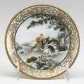 Famille rose dish decorated with rabbits by a river foliate gilt border republic period 19121949 four character qianlong 17361795 mark within a double square in underglaze blue 6 dia