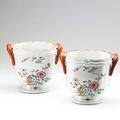 Chinese export pair of scalloped famille rose cachepots with loop handles ca 1770 8 x 9 12 x 8