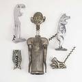 Five novelty corkscrews art deco waiter chrome parrot pig two dogs and pair of german ladies legs 19th20th c largest 8 12