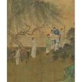 Asian artwork four framed pieces 19th20th c printed on silk of buddhist heaven and three paintings on silk of court scenes largest 52 x 25