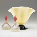 Steuben pair of verredesoie perfume bottles with rosaline stoppers and an ivory and black flaring bowl corning1920s paper label to pontil of bowl perfumes unmarked 4 34 x 2 34 6 34 x 8