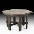Gustav stickley early library table with vinylcovered hexagonal top eastwood ny ca 1902 early red decal 30 34 x 49 12 sq