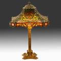Duffner  kimberly rare table lamp in louis xv pattern new york ca 1910 patinated bronze and leaded slag glass four sockets both shade and base marked the duffner  kimberly company new york o