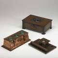English arts  crafts three copper pieces with ruskin cabochons or enameling two boxes and one inkwell english ca 1900s unmarked largest 3 12 x 10 x 6 12