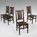 Harvey ellis gustav stickley assembled set of four inlaid dining chairs eastwood ny ca 1904 curly maple rush copper pewter fruitwood unmarked 40 14 x 17 x 18 12