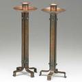 Roycroft pair of wrought and hammered copper strap candlesticks east aurora ny 1910s each stamped with orb and cross mark 11 34 x 4 14