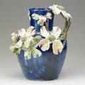 Tj wheatley wheatley large and elaborate vase with dogwood in cobalt blue glaze cincinnati 1880 signed no60tjw cort 281880 and artists cipher tjw in body 15 x 12 note the best exampl