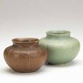 Grueby two small vessels bluegreen and mauve glazes boston ca 1910 both have stamped circular pottery mark mauve has paper label 3 3 34