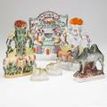 English staffordshire six items 19th c three camels two vases with farm decoration and double vase with figural decoration tallest 10