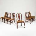 Henkel harris virginia galleries set of eight queen anne style dining chairs comprised of host and hostess chair and six side chairs with mahogany frames velvet upholstery and pad feet late 20th c