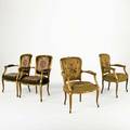 Two pair of louis xv armchairs mixed woods with gilt decoration and floral needlework upholstery 20th c larger 34 x 22 12 x 26