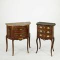 Two louis xv style bedside stands mixed woods with bronze mounts one with marble top the other with porcelain escutcheons 20th c larger 30 x 27 x 14