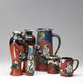 Japanese sumida gawa pottery six items in red glaze ca 1900 three vases pitcher and pair of mugs handle to pitcher repaired tallest 12 12