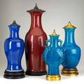 Chinese porcelain vase group four vases 19th20th c one oxblood and three blue all drilled for lamp mounting tallest 26