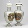 Pair of bristol glass lidded urns with handpainted reserves titled cock of the walk 19th c signed l knauss 18 12