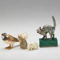 Animal collectible group four 20th c sterling cat on malachite base two ivory mice and polychrome ivory bird largest 4 14 x 2 38 x 1 12