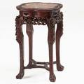 Chinese tabouret teak with marble insert and stretcher base late 19th c 27 12 x 16 12 sq