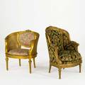 Two louis xvi style armchairs both with gilded frames and floral upholstery 20th c larger 39 x 26 x 28