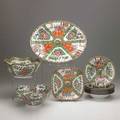 Chinese rose medallion group ten items 20th c six soup bowls oval platter two serving bowls and square platter largest 16 x 12