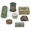 Asian cloisonne group six covered boxes and one pencil holder 20th c largest 3 12