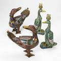 Chinese cloisonne pair of candlesticks and pair of incense burners all in duck form 20th c tallest 11 38