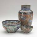 Asian cloisonne group three items early 20th c two bowls and vase with floral decoration bowls signed tallest 9 34