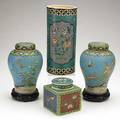Asian cloisonne on porcelain four items 19th20th c pair of ginger jars with flowers and butterfly cylindrical vase with floral decoration and square lidded vessel some marked tallest 9 34