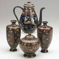 Asian goldstone cloisonne four items early 20th c pair of vases teapot and koro tallest 6 34