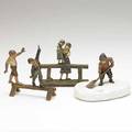 Franz xavier bergman austrian 18611936 attr three coldpainted bronzes early 20th c boys balancing on fence boy shoveling snow on marble base and mother with child walking on fence larges
