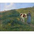 Jean jacques rousseau french 18611911 oil on canvas of a pasture with breton woman and cow 1897 framed signed and dated 30 x 36