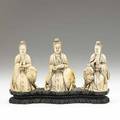 Asian ivory figural group three female figures surrounded by animals on teak base 19th20th c 6 14 x 9 12 x 2 34