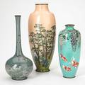 Japanese cloisonne vases three early 20th c ando type and two decorated with birds and fish tallest 9 34