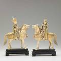 Chinese ivory figures pair of warriors on horseback with enameled highlights 19th20th c signed taller 9 12