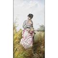 Painting on porcelain fulllength portrait of a victorian woman standing in a field possibly french late 19thearly 20th c framed 12 x 22