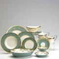 Lenox complete westport 84 piece dining service for twelve with teal border and gilt garland decoration 20th c also includes 2 serving platters creamer and sugar gravy boat and 2 vegetab