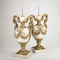 Pair of marble and bronze urns white marble with bronze snake handles 20th c 20 14